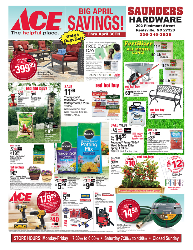 Saunders ACE Hardware, LLC, 202 Piedmont St., Reidsville, NC, 3363493928